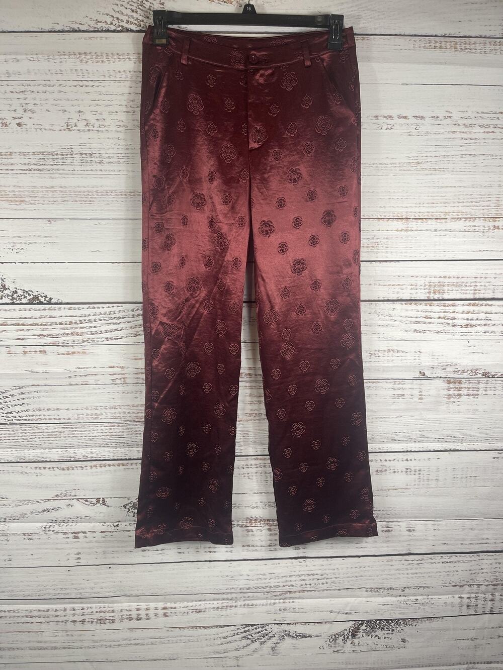 Sunday Edition Pants Women's Small Red Satin Floral Embroidered Straight Leg